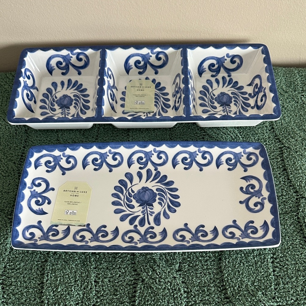 Artisan de Luxe Blue Scroll Melamine Serving Trays Divided Set of 2 NEW!